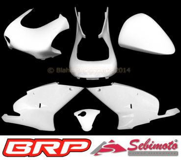 Aprilia RS 250 1998 - 2003 Sebimoto Rennverkleidung 3 tlg. + Unterkiel und Höcker 2 tlg. (für Originalsitz) fairing 3 parts + lower keel and tailsection 2 parts (for original seat)