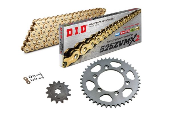DID Kettensatz mit 525ZVM-X2 Kette, Farbe gold, für Aprilia Tuono 1000 Fighter, Modelljahr 2003-2005